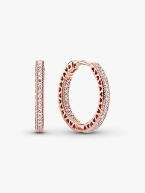 Authentic Pandora Rose Gold Heart-Detail Pavé Hoop Earrings NWOT